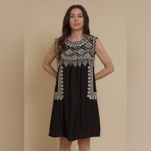 THML Black Dress Intricate Cream Patterns Small Y2K Bohemian Embroidery